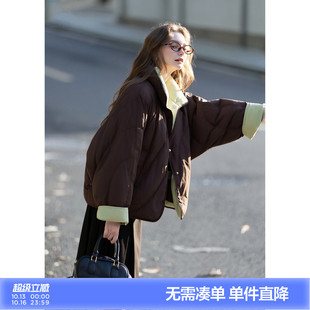 唐狮冬季新款短款羽绒服女撞色灯芯绒拼接蝙蝠袖立领防寒保暖时尚