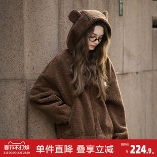 唐狮2026秋冬季连帽加厚外套女短款仿羔毛外套棕色拼接格纹超好看