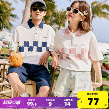 唐狮2025夏季新款情侣短袖polo衫男棋盘格拼接上衣有领t恤女潮牌