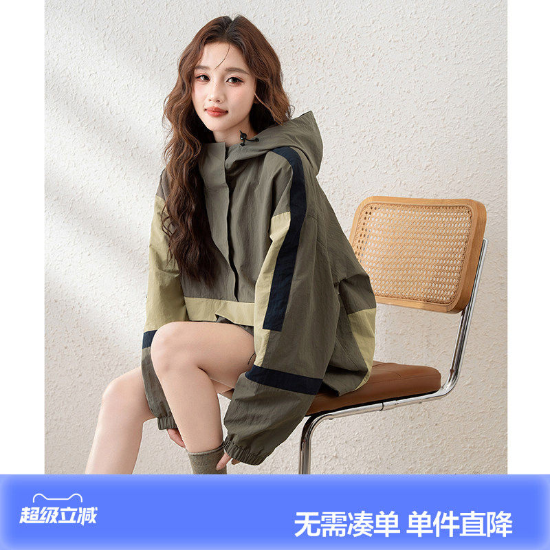 唐狮早春新款外套女连帽工装港风上衣chic撞色冲锋少年休闲k