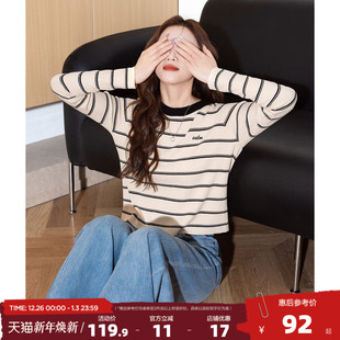条纹圆领时尚 毛线衫 潮流百搭简约上衣W 女长袖 唐狮25春秋新款