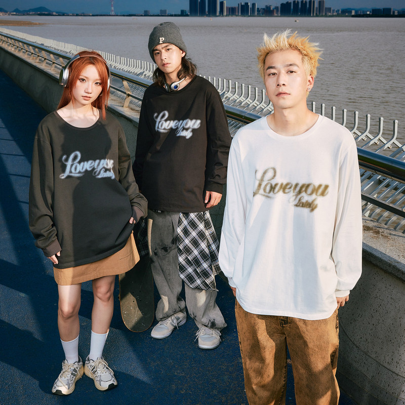 唐狮2024秋季新款长袖T恤男美式印花上衣宽松潮上衣圆领内搭打底