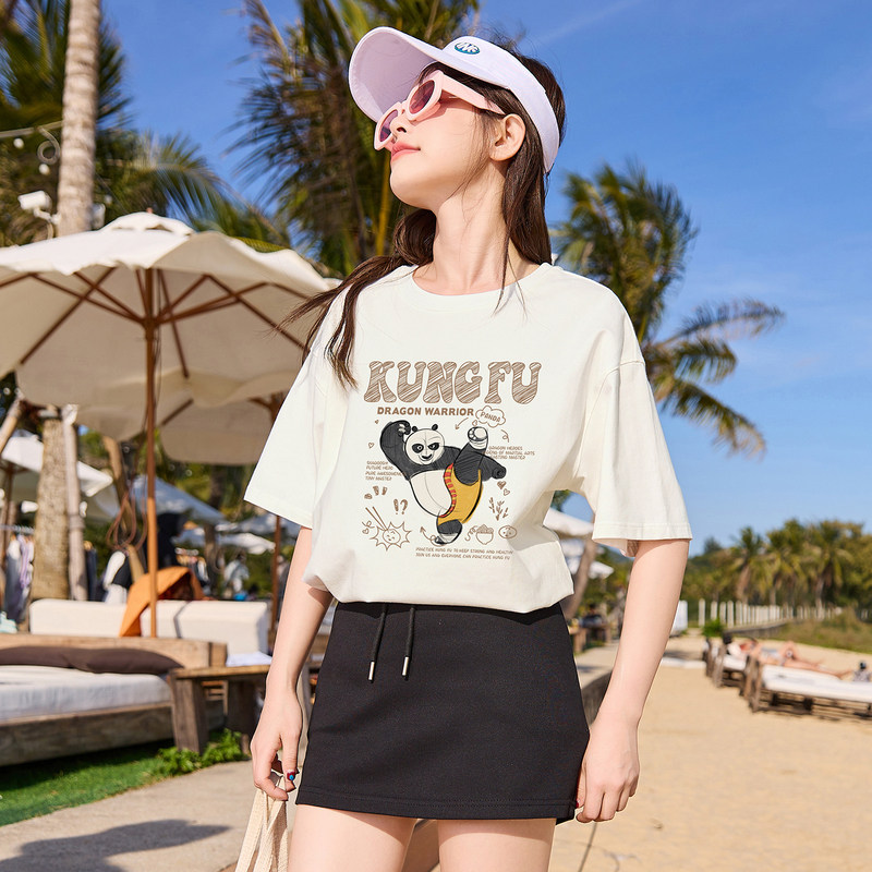 [功夫熊猫联名]唐狮圆领短袖T恤2024新款夏季上衣女棉质体恤潮sz