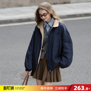 棉衣保暖夹克 厚外套女撞色仿羊羔绒领子短款 唐狮2026秋冬季 短款