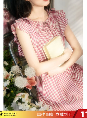 唐狮小清新夏季飞飞袖连衣裙女新款裙子红色格子连衣裙长裙f3