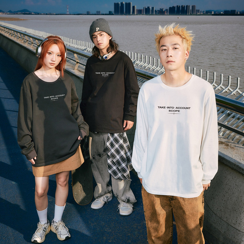 唐狮2024秋季新款长袖T恤男字母印花宽松圆领上衣简约内搭打底潮t