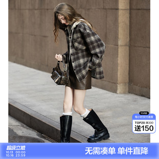 唐狮秋冬长袖衬衫女休闲连帽短款外套式格子休闲日常百搭流行