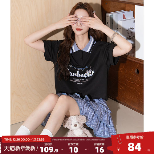 唐狮2025夏新款短袖polo衫女t恤撞色翻领宽松百搭别致美式学院风