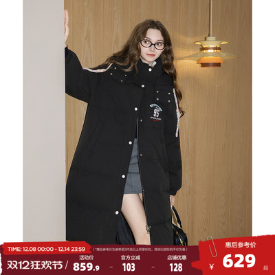 唐狮2025冬季加厚羽绒服女连帽长款过膝保暖羽绒外套美式学院风