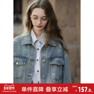 唐狮2026新款春秋季女薄外套百搭高级感甜酷风蝴蝶结满印牛仔外套