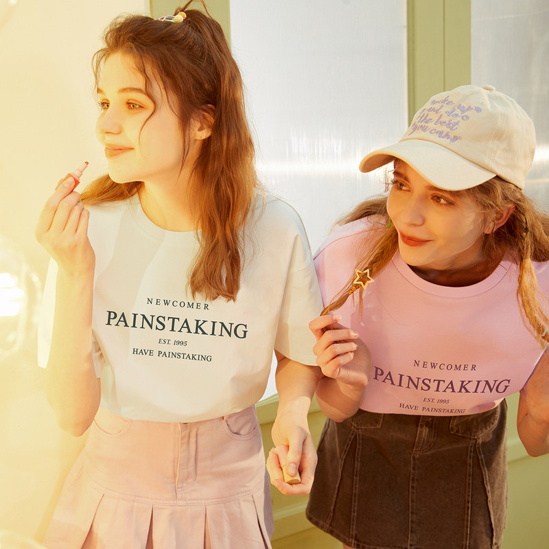 唐狮24新款套头短袖T恤衫女字母简约图案休闲宽松纯棉夏季上衣sz