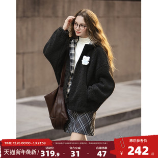 唐狮2025秋冬季连帽加厚外套女短款仿羔毛外套棕色拼接格纹超好看