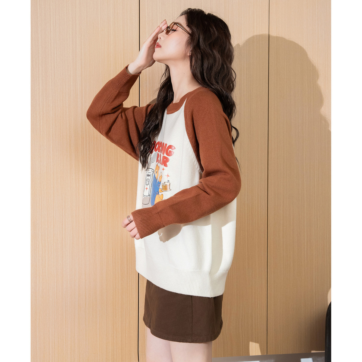 唐狮秋冬新款女圆领毛衣日系慵懒风上衣拼接插肩袖毛线衫小众,女装/女士精品,毛衣,淘宝优惠券,粉丝福利购,淘宝优惠卷