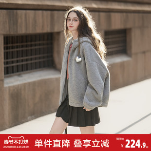 唐狮2026秋冬季连帽加厚外套女短款仿羔毛外套棕色拼接格纹超好看