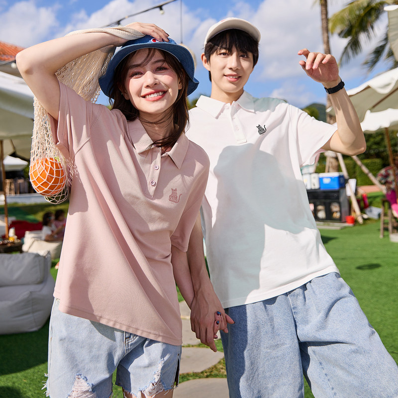唐狮情侣polo衫男2025夏季新款简约翻领宽松青少年短袖t恤女上衣