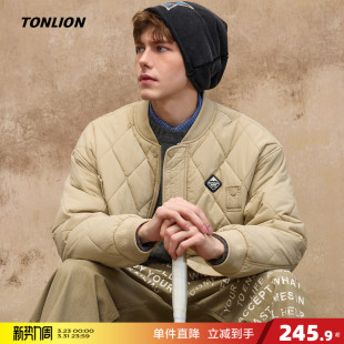 唐狮2026秋冬季男棒球领短款棉衣菱形格设计感时尚百搭黑色棉服