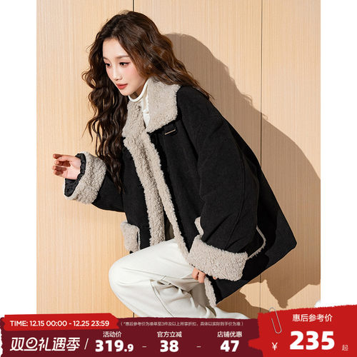 唐狮2025冬季新款外套女翻领灯芯绒拼接仿羊羔毛外套超好看爆款