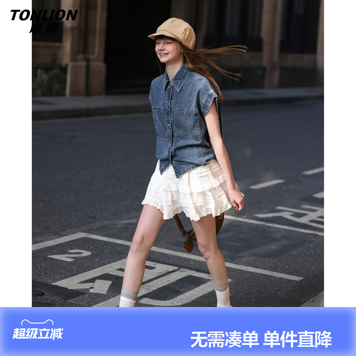 唐狮2026夏季新款女翻领牛仔衬衫松弛感短袖夏日气质外搭短袖外套图片