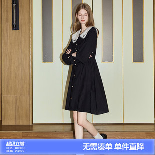 唐狮春装长袖连衣裙女2026早春新款娃娃领衬衫裙小个子黑色裙子