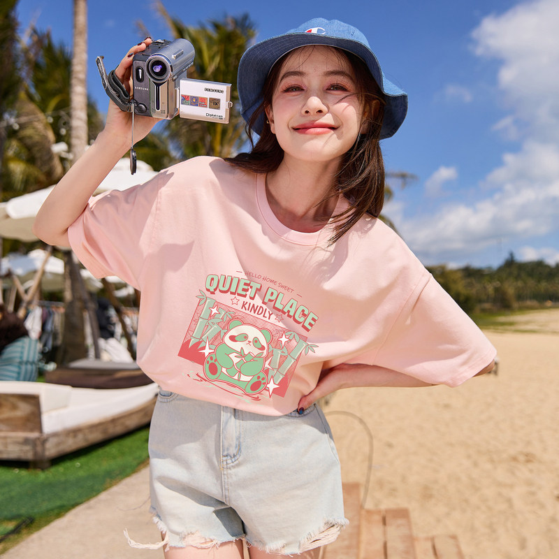 唐狮前胸大图案短袖T恤女2024新款夏季可爱圆领纯棉宽松t恤sz