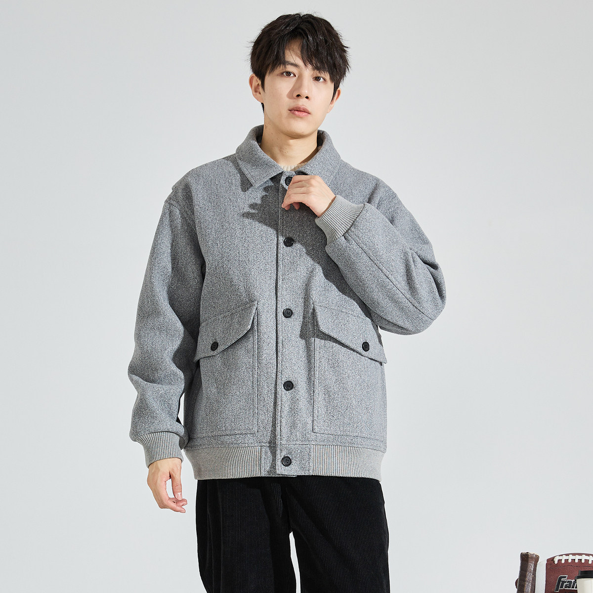 唐狮2024秋冬季新款男毛呢外套翻领工装贴袋短款加厚保暖夹克外套