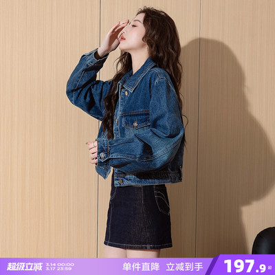 唐狮春秋新款女翻领短款夹克牛仔外套时尚潮流百搭早春外套TJ