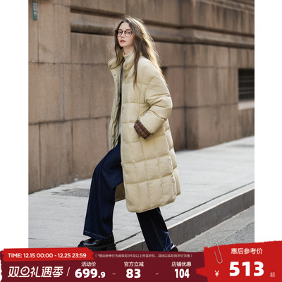 唐狮2025冬季长款羽绒服女立领拼接格纹设计过膝保暖羽绒外套鸭绒