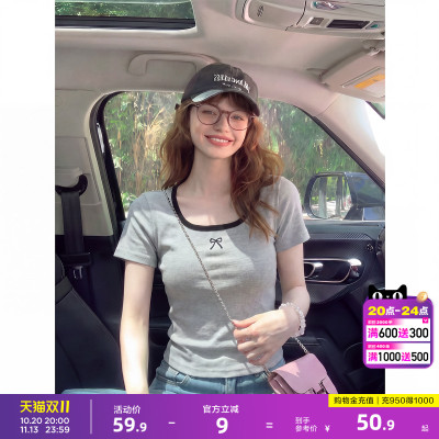 唐狮韩系chic温柔风修身上衣短袖T恤女夏季蝴蝶结甜美系约会穿搭