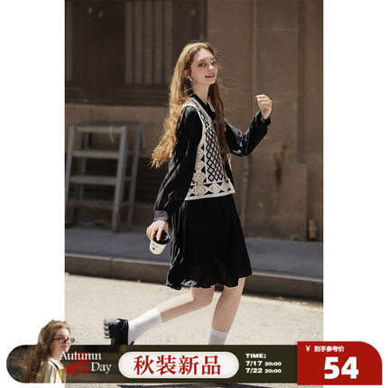 7.17/20点唐狮黑色中长款连衣裙套装2025女装春新款冬季韩系马甲