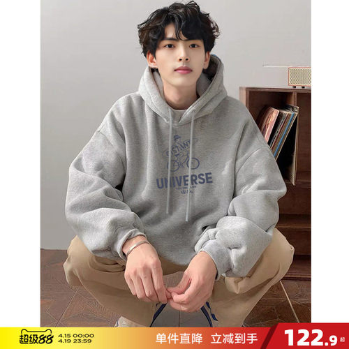 唐狮春秋新款男前胸图文印花连帽卫衣美式青少年外套上衣潮牌