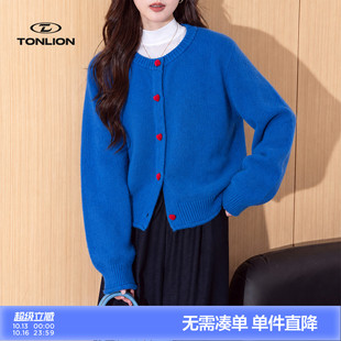 唐狮2026春秋季蓝色毛衣女韩系撞色圆领针织开衫甜美百搭通勤日常