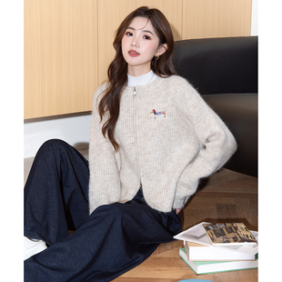 女圆领小狗刺绣软糯小个子双头拉链毛线衫 唐狮2025新款 毛衣开衫