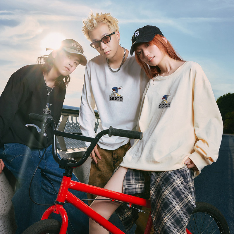 唐狮2024秋季新款男长袖t恤前胸图案圆领上衣潮酷宽松内搭打底衫t