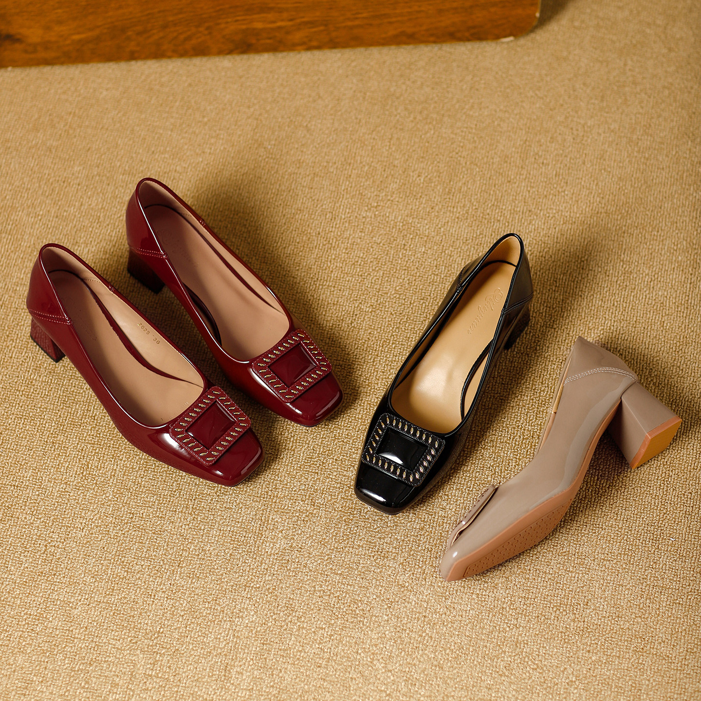 漆皮方头中跟浅口单鞋女春季新款粗跟高跟鞋不累脚方扣方头工作鞋,女鞋,浅口单鞋,淘宝优惠券,粉丝福利购,淘宝优惠卷