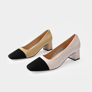 通勤百搭粗跟5CM跟高休闲高跟鞋小香风时尚舒适方根法式拼色皮鞋