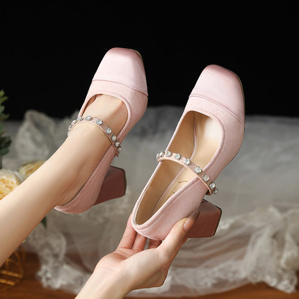 方头玛丽珍一字扣粗跟高跟鞋女气质通勤浅口单鞋7cm公主女鞋粉色