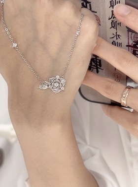 跨境爆款新品玫瑰之约感镶钻吊坠s925纯银项链女生情人节饰品