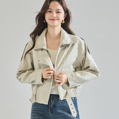 26春装新款设计感翻领pu皮衣女短款宽松腰带机车风外套29130