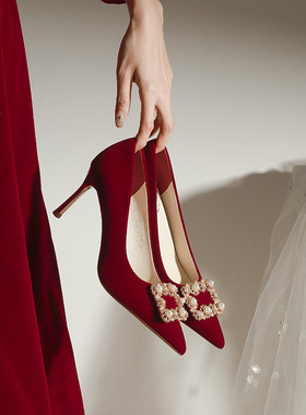 X766-28婚鞋细跟红色结婚女2024新款高跟婚鞋秀禾新娘鞋大码32-