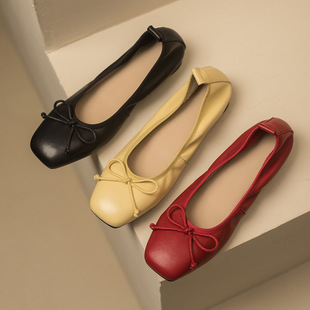 蛋卷鞋 软乎乎40大码 可穿通勤方头蝴蝶结浅口单鞋 四季 全羊皮平底鞋