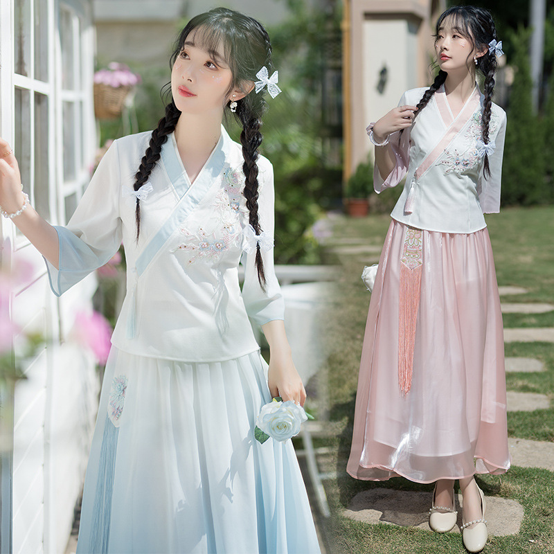 夏季汉服女中国风斜襟改良旗袍上衣民国风茶服刺绣渐变半身裙