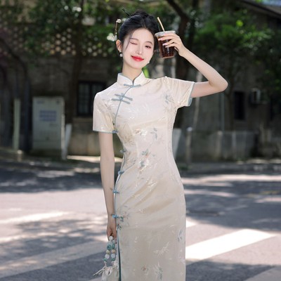 新中式复古提花改良旗袍裙子女夏季高级感国风修身气质短袖