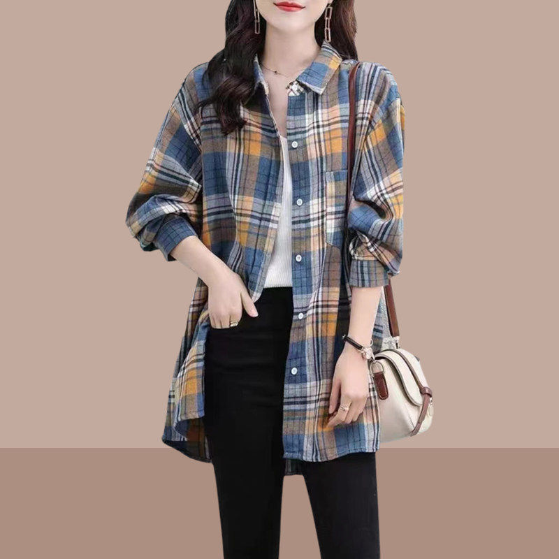 格子长袖衬衫女款中正肩