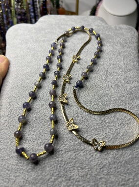 天然石编织项链长链堇青石铜项链蝴蝶项链可叠戴