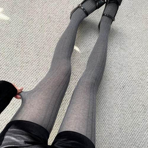 灰色连裤袜miu系韩国东大门宽竖条纹打底裤春秋冬薄款白色打底袜