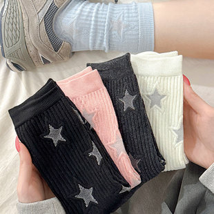 五角星袜子女中筒袜春秋款配乐福鞋堆堆袜夏季薄款外穿运动长筒袜