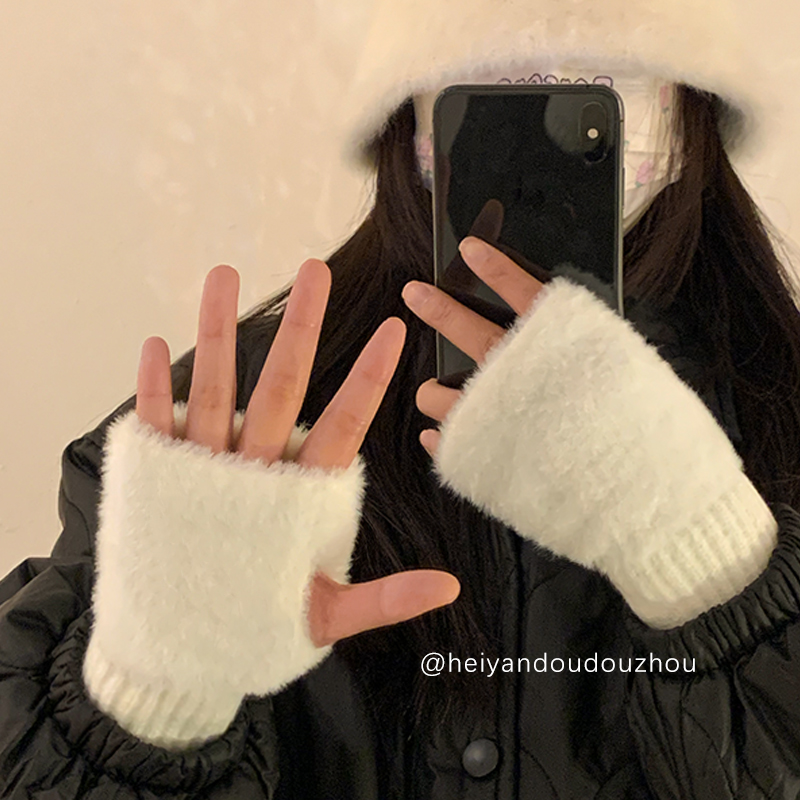 thumbnail for Warm woolen half-finger gloves women's winter plush knit wrist protection missing finger all-match touch screen office students writing