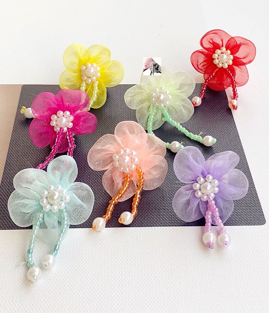 3元20朵手工缝多色雪纱五花瓣珍珠吊坠装饰蕾丝花朵diy服装辅料