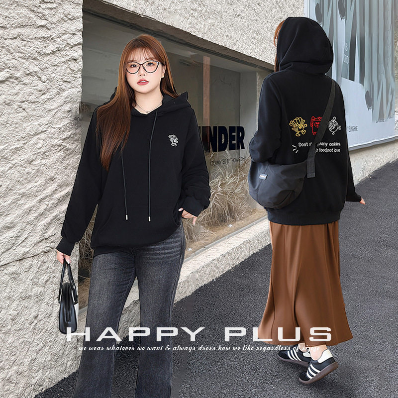 happyhut加肥加大码女装200斤胖mm原创涂鸦刺绣宽松连帽正肩卫衣