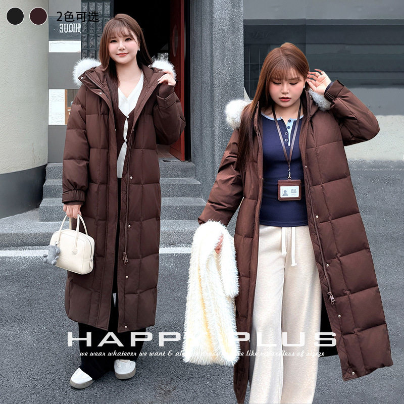 happyhut加肥加大码女装200斤胖mm大毛领90绒正肩长款被子羽绒服